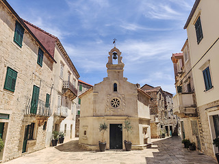 Image showing Small church on square of small urban village of Stari grad on Hvar island in Croatia, Adriatic Sea, Europe.