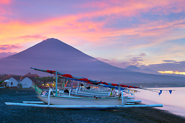 Image showing Volcano, ocean, fishing boats. Bali