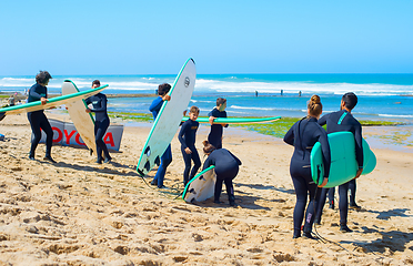 Image showing Group of surfers beach surfing