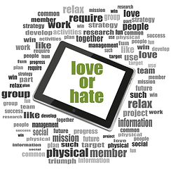 Image showing love or hate Text. Social concept . Tablet Pc. Word cloud collage