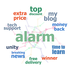 Image showing Text Alarm. Security concept . Word cloud collage. Background with lines and circles