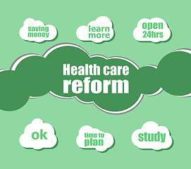 Image showing health care reform words. Health concept . word lettering typography with line icons and tag cloud on green background. Creative idea concept