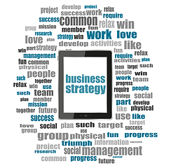 Image showing business strategy word. Business concept . Tablet pc with word cloud collage