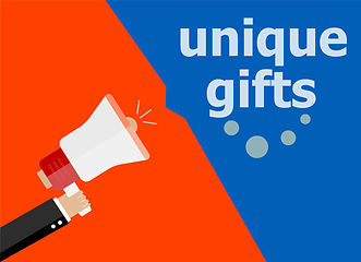 Image showing Unique gifts. Hand holding megaphone and speech bubble. Flat design