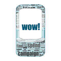 Image showing wow text, global communication concept . Detailed modern smartphone isolated on white