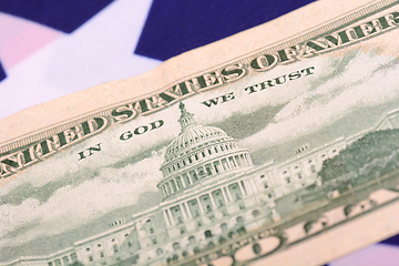 Image showing fifty dollar bill in front of the American flag