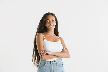 Image showing Portrait of beautiful woman isolated on white studio background