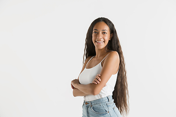 Image showing Portrait of beautiful woman isolated on white studio background