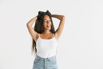 Image showing Portrait of beautiful woman isolated on white studio background