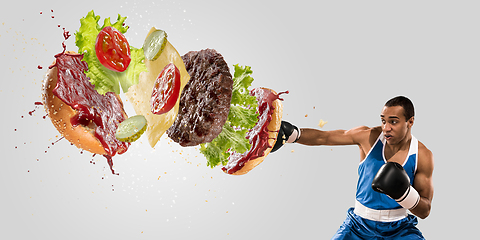 Image showing Burger\'s crashing by the boxer isolated on white background