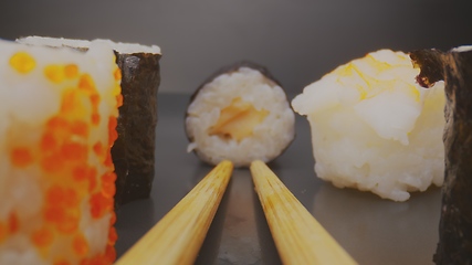 Image showing Sushi on the plate with camera motion macro footage