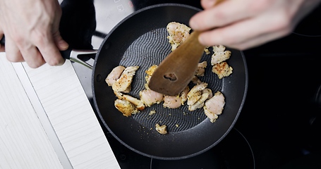 Image showing Preparing low fat fried chicken for dinner on induction plates