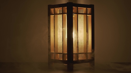 Image showing Lamp made out of wood against dark background with smoke