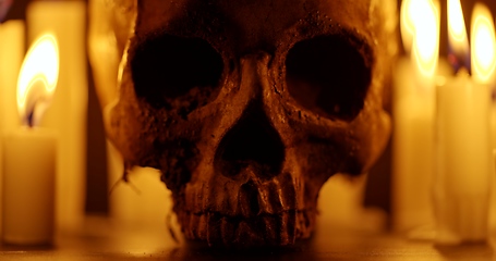 Image showing Candles and human skull in darkness closeup footage