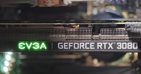 Image showing BUDAPEST, HUNGARY - CIRCA 2020: EVGA gForce RTX 3080 graphics card, which features Ampere architecture and raytracing technology