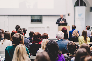 Image showing Public speaker giving talk at Business Event.