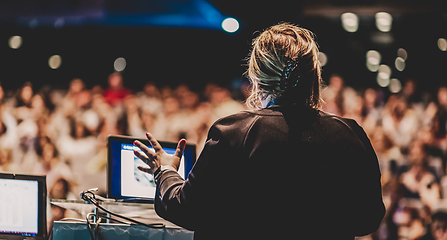 Image showing Public speaker giving talk at Business Event.