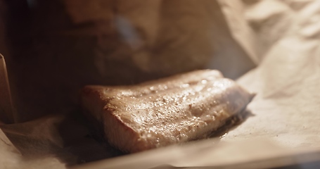 Image showing Salmon grilled in frying pen closeup footage