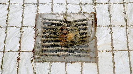 Image showing Steel drain on tiled floor with water whirling