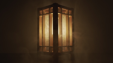 Image showing Lamp made out of wood against dark background with smoke