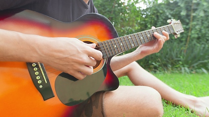 Image showing Man sitting in the grass playing guitar