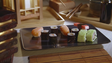 Image showing Filling plate with japanese sushi closeup