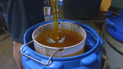 Image showing Raw honey pouring out closeup footage