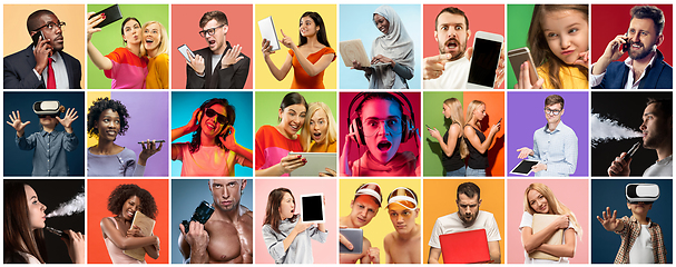 Image showing Portrait of people using different gadgets on multicolor background