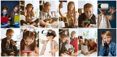 Image showing Portrait of kids using different gadgets on multicolor background