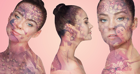 Image showing Beautiful female face with double exposure and flowers