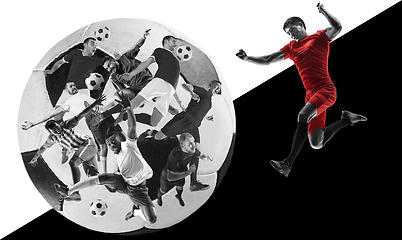 Image showing Male football players in action, creative black and white collage