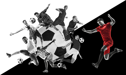 Image showing Male football players in action, creative black and white collage