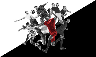 Image showing Male football players in action, creative black and white collage