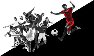 Image showing Male football players in action, creative black and white collage