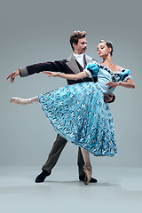 Image showing Contemporary ballroom dancers on grey studio background