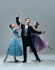 Image showing Contemporary ballroom dancers on grey studio background