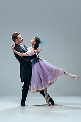 Image showing Contemporary ballroom dancers on grey studio background