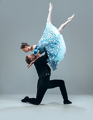 Image showing Contemporary ballroom dancers on grey studio background