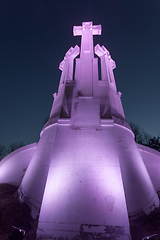 Image showing Purple Illuminated Monument of Three Crosses in Vilnius