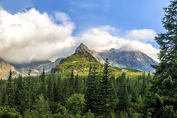 Image showing Polish Tatra mountains summer landscape with blue sky and white clouds.