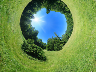 Image showing spherical panorama meadow and sky in the center
