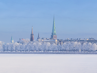 Image showing Winter skyline of Latvian capital Riga Old town