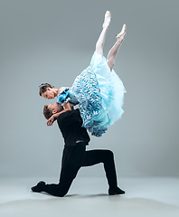 Image showing Contemporary ballroom dancers on grey studio background