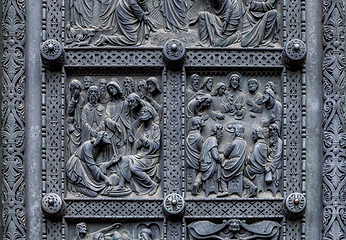 Image showing Fragment of Bremen\'s Cathedral Metalic Door with religious decorations