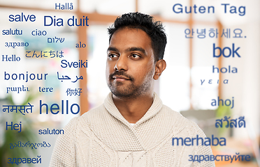 Image showing indian man over words in foreign languages