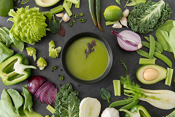 Image showing green vegetables and cream soup in ceramic bowl