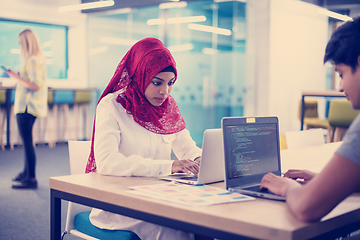 Image showing black muslim business woman having a meeting with her indian mal