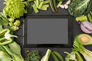 Image showing green vegetables and tablet pc computer