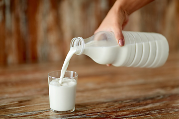 Image showing female hand pouring milk from bottle to glass