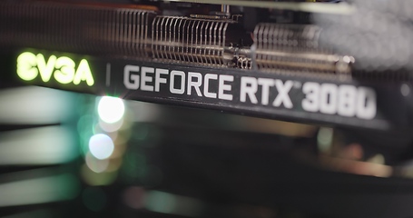 Image showing BUDAPEST, HUNGARY - CIRCA 2020: EVGA gForce RTX 3080 graphics card, which features Ampere architecture and raytracing technology